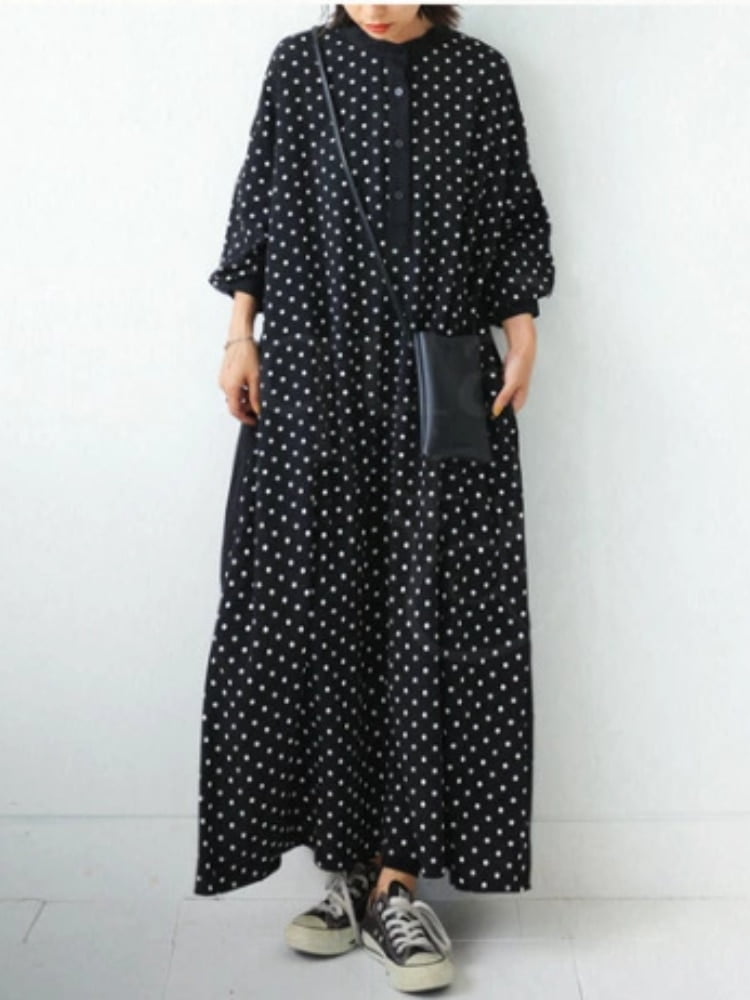 Robe noire à col montant et manches longues pour femmes, vêtements à pois, ourlet large, streetwear, printemps, été, 2023 2