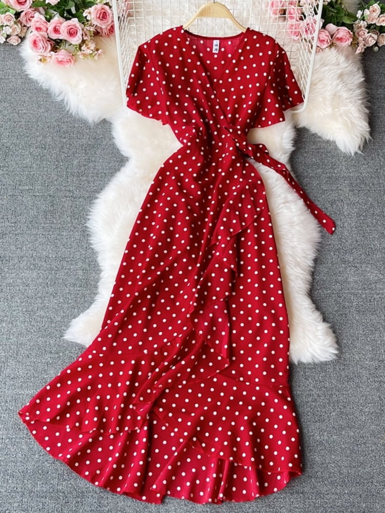 Robe de soirée mi-longue à pois pour femme, vintage, volants, décontracté, une pièce, bohème, éducatif, chic, plage, été 1