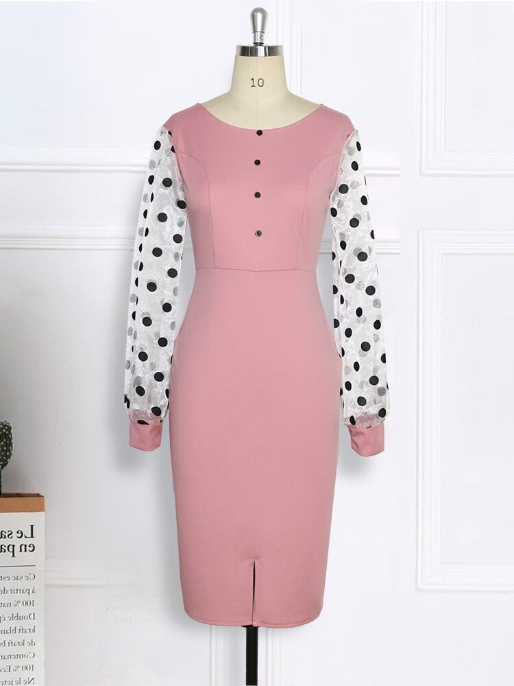Robe en maille transparente pour femmes, col rond, Patchwork, manches longues, à pois, classe, élastique, élégante, bureau, modeste, femme africaine 2
