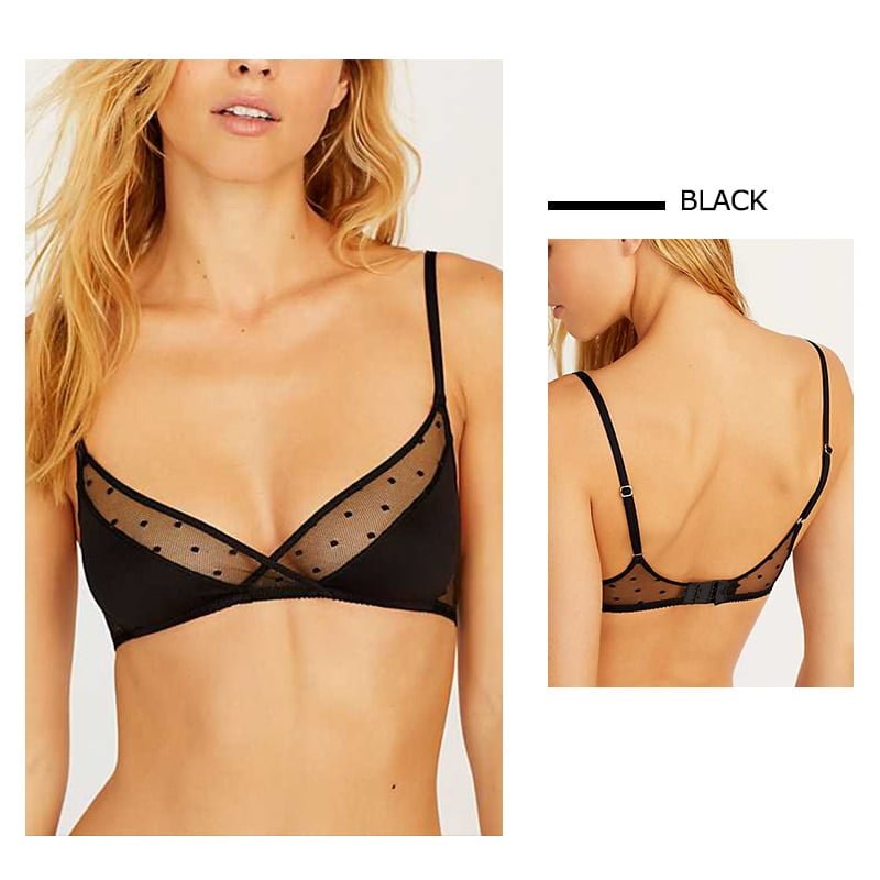 Soutien-gorge sexy en dentelle pour femmes, maille, à pois, translucide, fin, coupe triangle, noir, brassière, lingerie, sans doublure, sous-vêtements, haut 2