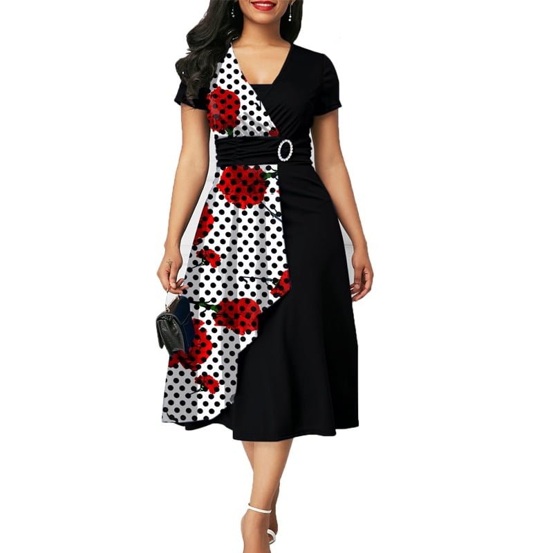 OTEN-Robe trapèze mi-mollet pour femme, manches courtes, ourlet asymétrique, col en V, pois, imprimé floral, patchwork, décontracté, soirée élégante 1