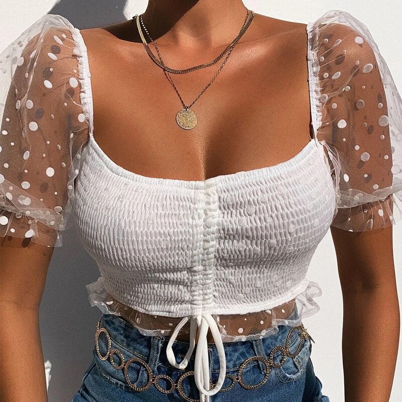 T-shirt à épaules dénudées pour femme, maille à pois, manches courtes, mode, solide, nombril nu, t-shirt basique à lacets, sexy et élégant 2
