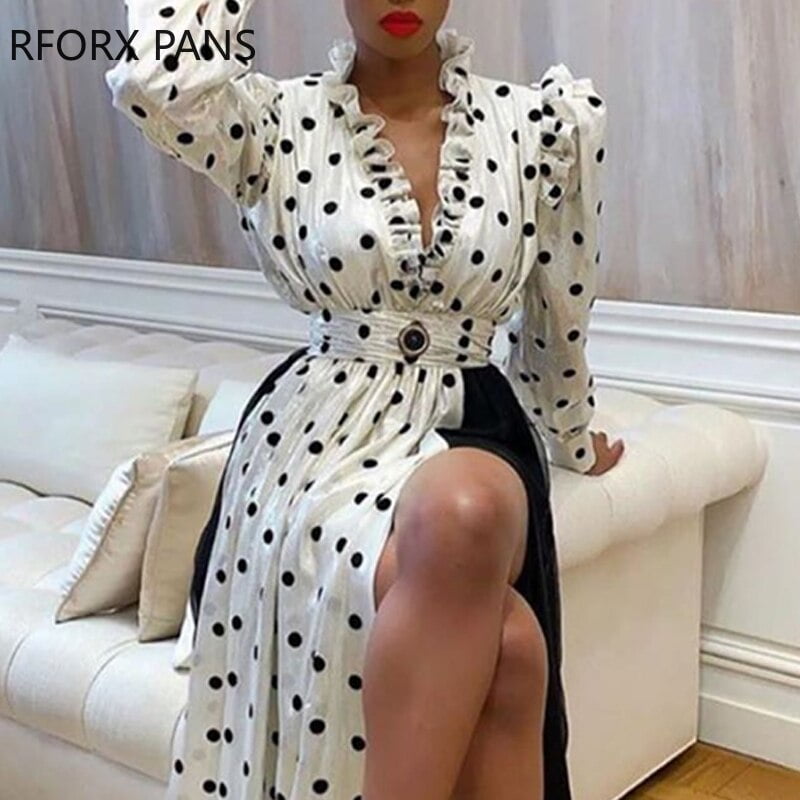 Robe maxi en maille à volants à pois, col en V, manches longues, robe de plage bohème élégante, robes longues décontractées, robe de soirée 2