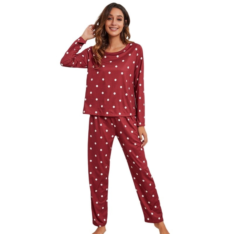 Ensemble de pyjama pour femmes, classique, col rond, manches longues, haut ample, pantalon Long, Vintage, motifs à pois, bas, Tee-shirt, vêtements de nuit 2