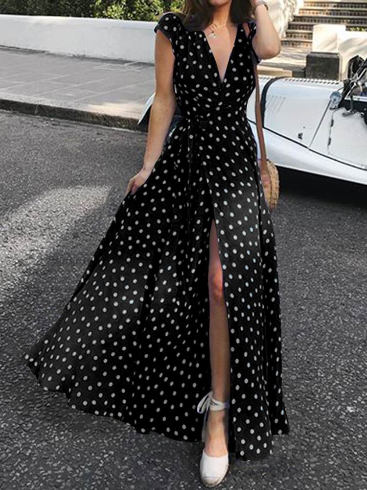 Celmia – robe longue à pois fendue, style bohème, manches courtes, ceinture, décontractée, Sexy, col en v, été 2