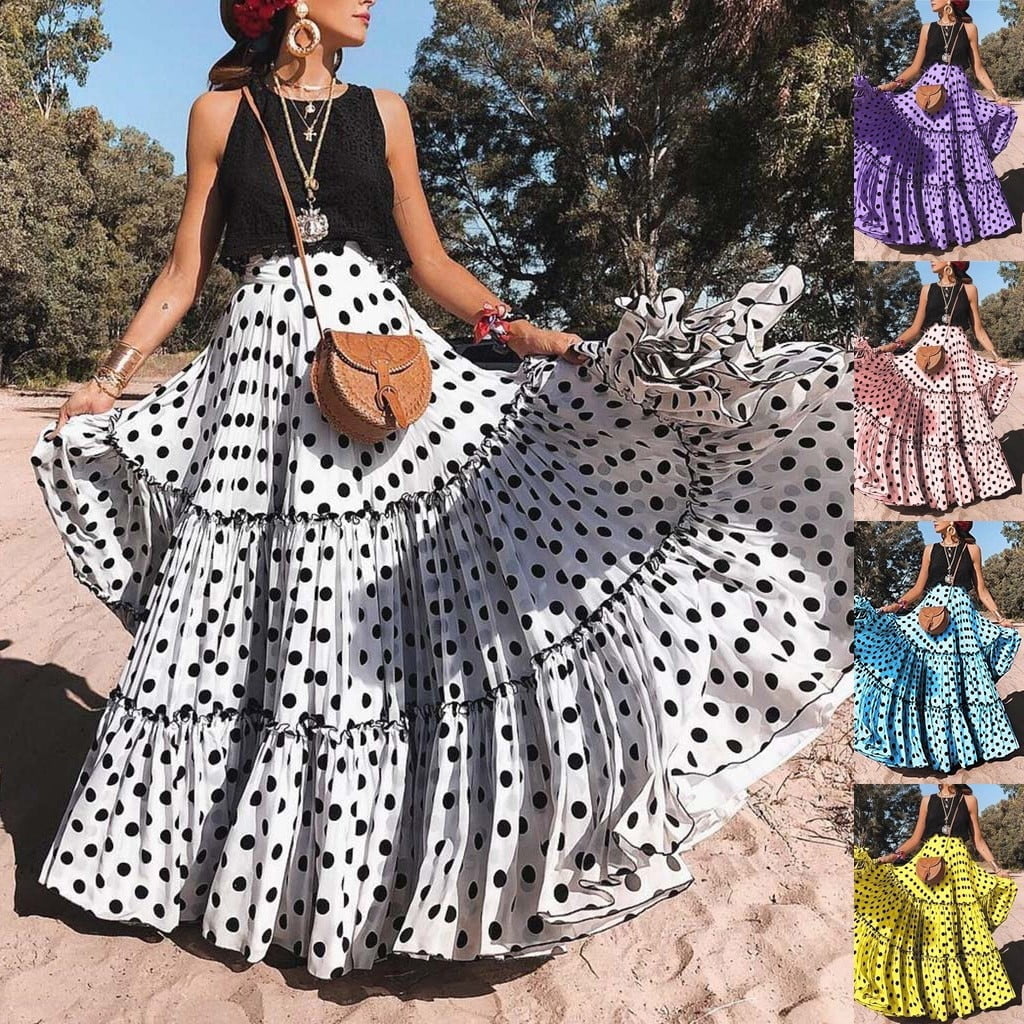 Jupes maxi bohèmes pour femmes, taille haute, imprimé à pois, jupe à volants, jupes longues plissées, streetwear féminin élégant 2