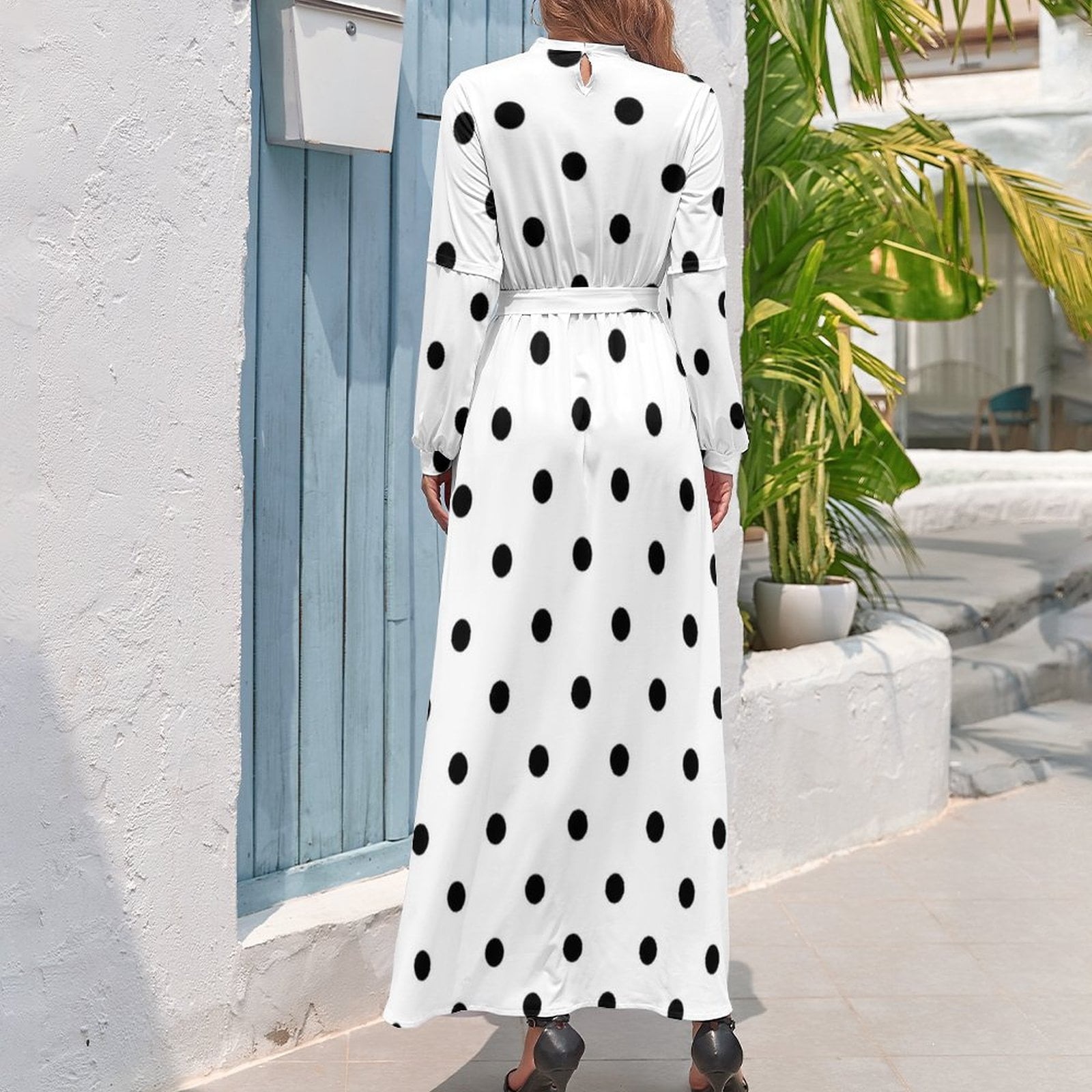 Robe longue classique à pois, taille haute, blanc, noir, motif rétro, style Boho, robes de plage, manches longues, Streetwear 2