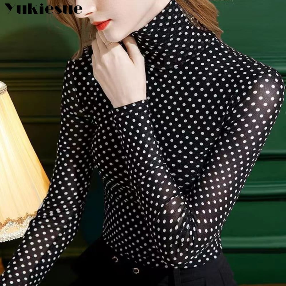 T-shirt à manches longues en gaze de dentelle pointue pour femmes, haut à col roulé, chemise à fond mince, sexy, mode vintage, printemps, automne, nouveau 2