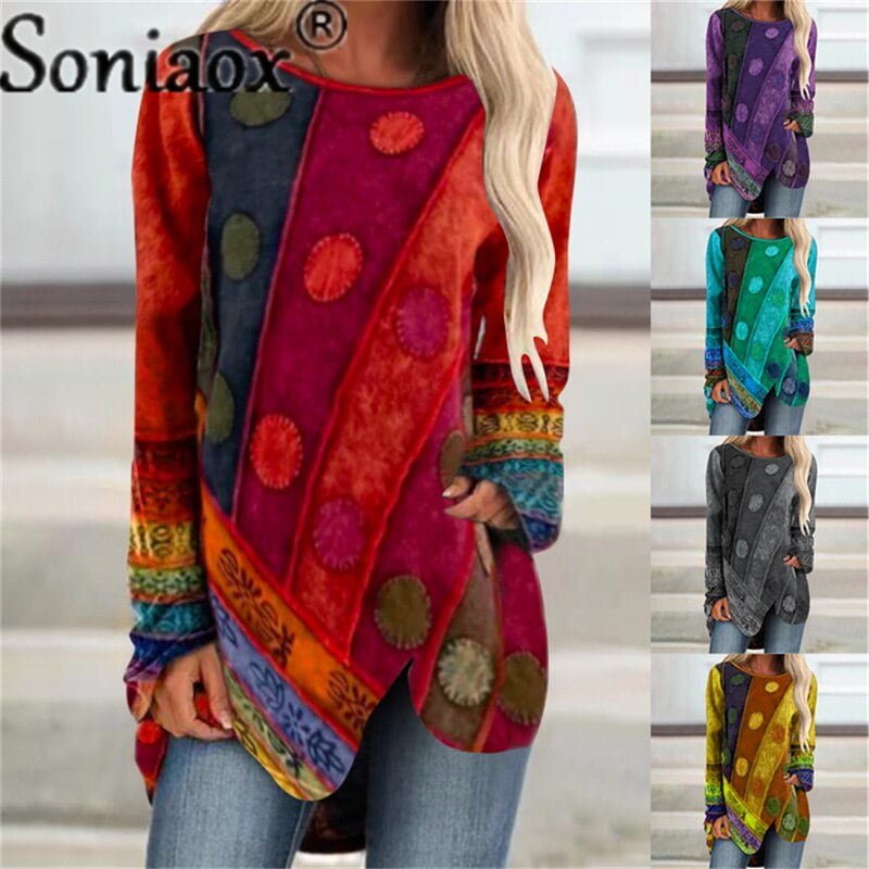 T-shirt à manches longues pour femmes, décontracté, élégant, ample, avec imprimé de points irréguliers, rétro, personnalité sauvage, rue, printemps-automne, 2021 2