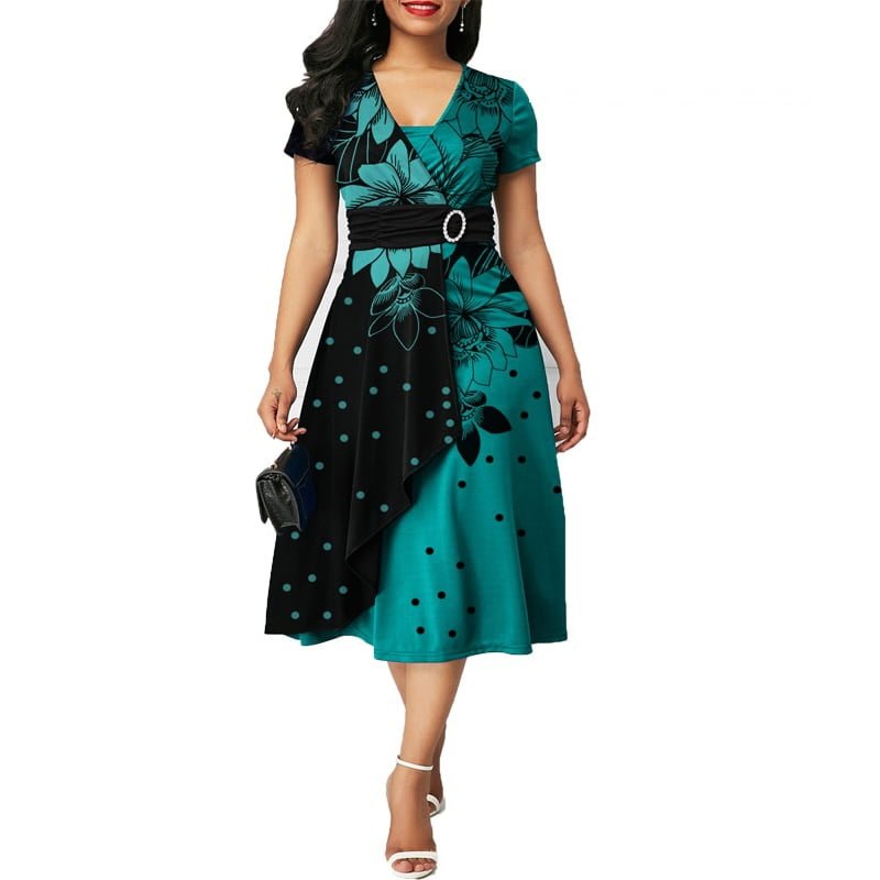 OTEN-Robe trapèze mi-mollet pour femme, manches courtes, ourlet asymétrique, col en V, pois, imprimé floral, patchwork, décontracté, soirée élégante 2