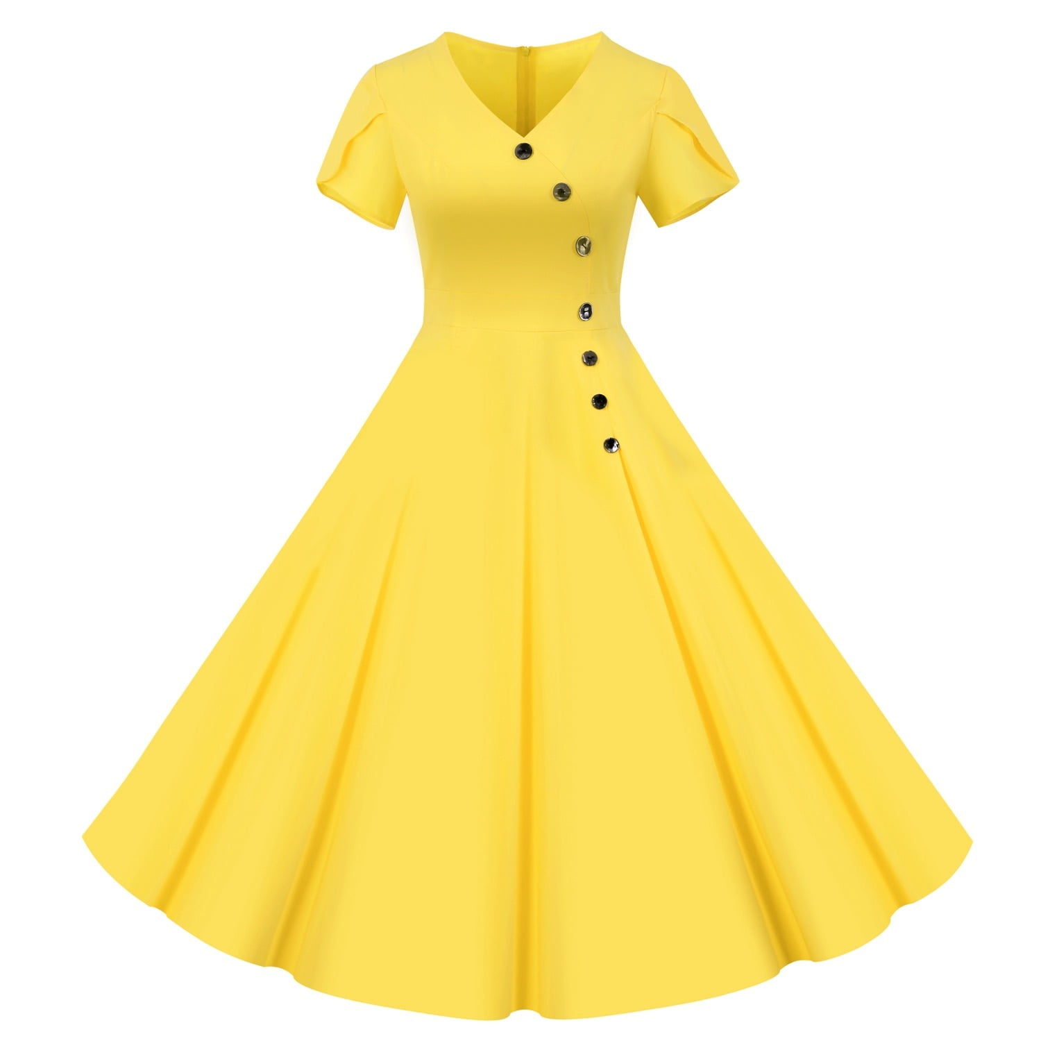 SISHION-Robe trapèze mi-longue à col en V pour femme, robe trapèze décontractée, mode vintage des années 60, jaune uni, noir, été, SR0025, 2023 2
