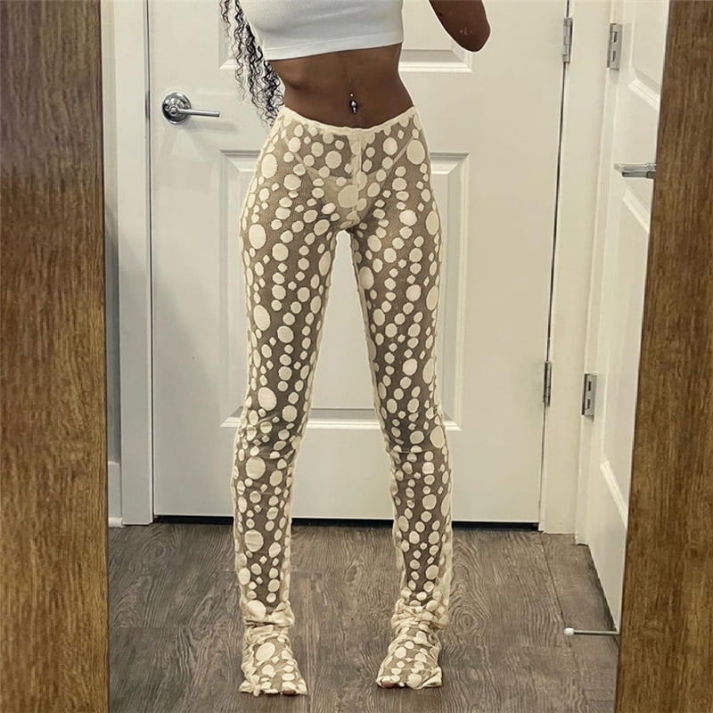 FJJG-Pantalon en résille à pois pour femme, maille transparente, sexy, taille haute 1