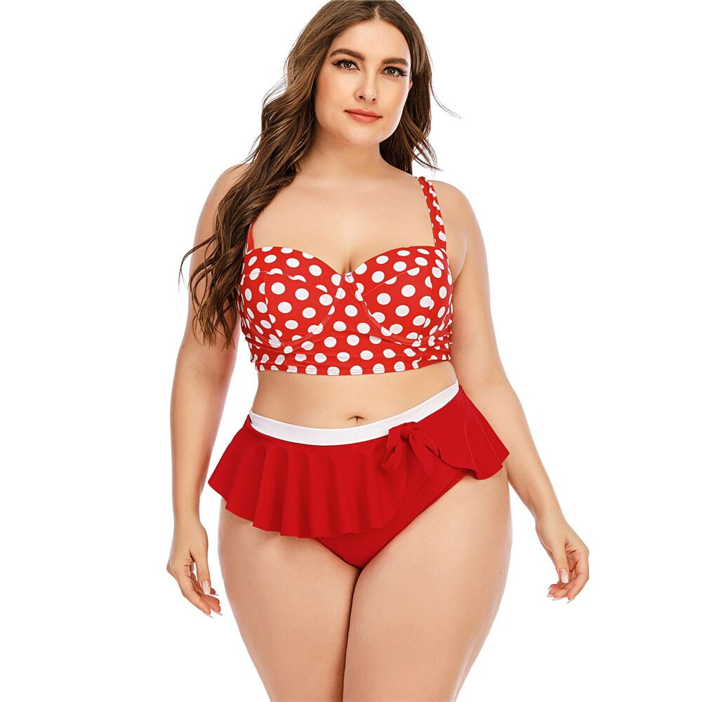 Maillot de bain bleu et rouge pour femmes, soutien-gorge Push Up, rembourré, imprimé à pois, hauts, jupes courtes, grande taille 5XL, Tankini, vêtements de plage 2
