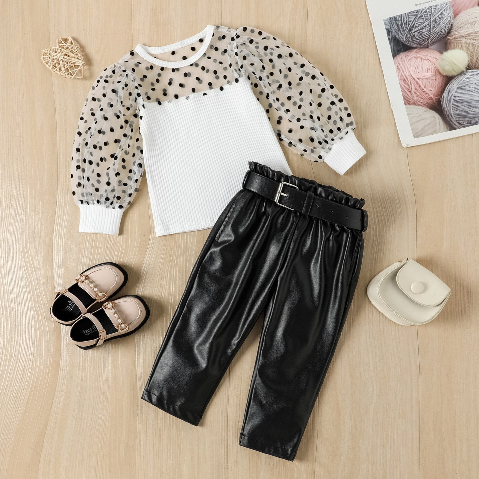 Ensemble de vêtements en cuir PU pour filles, 2 à 6 ans, t-shirt à manches bouffantes, pantalon avec ceinture, tenues pour enfants, 2-3 4 5 6 2