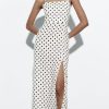 TRAF-Robe fendue à bretelles en fibre pour femme, robe mi-longue, pull à fermeture éclair, imprimé à pois noirs, mode d'été sexy, nouveau 1