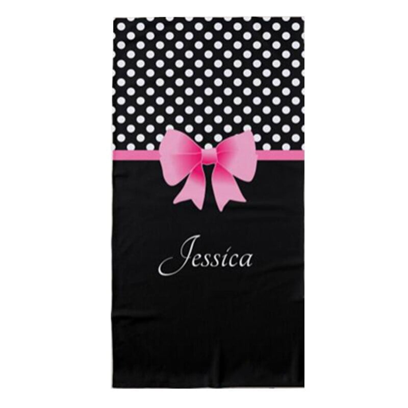 Serviette de Plage Personnalisée pour Fille, Ruban Rose Girly, Pois, Nom Personnalisé, Cadeau d'Anniversaire 1