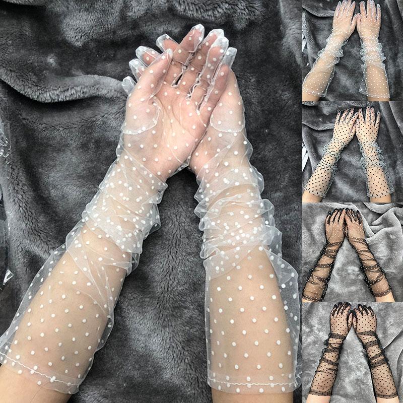 Gants courts en tulle et dentelle extensible pour femmes, mitaines à doigts complets, gants de désherbage à pois blancs et noirs, automne et été 1