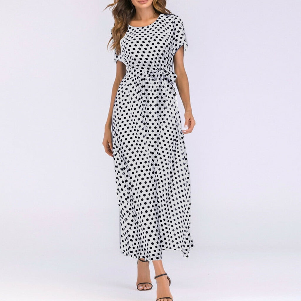 Robe longue à manches courtes pour femmes, robe à pois, imprimé bandage, robe de plage, robe de soirée trapèze, robe maxi, robe éducative, mode estivale 2