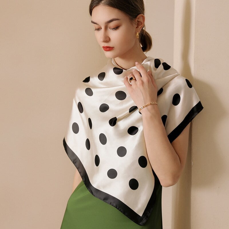 Foulard de Luxe Carré à Pois pour Femme, 90cm, Doux, pour Cheveux, Main, Poignet, Châle Imprimé Chic, Printemps Été 1