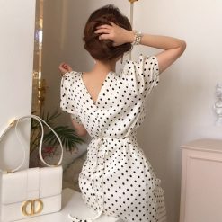 Robe longue imprimée à pois pour femme, col carré, taille haute, manches bouffantes, rétro français, robes chics coréennes, plein écran, été 1