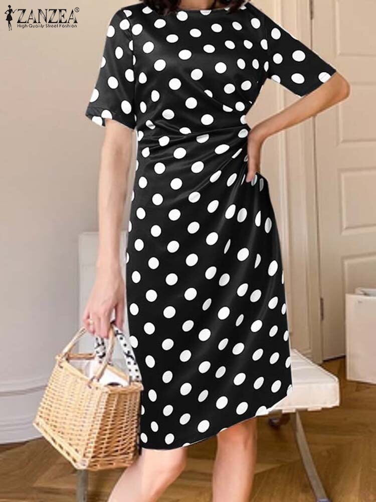 ZANZEA-Robe d'été élégante pour femme, style bohème, à pois, col rond, vintage, vacances, slim plissé, décontracté, longueur aux genoux, été 2023 2