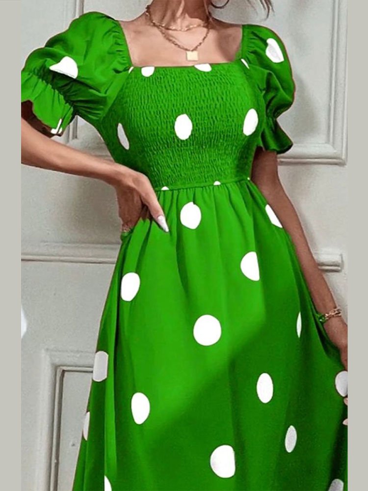 Robe longue imprimée à pois pour femmes, col carré, bord à volants, manches princesse, décontracté, vacances, doux, été, 2023 2