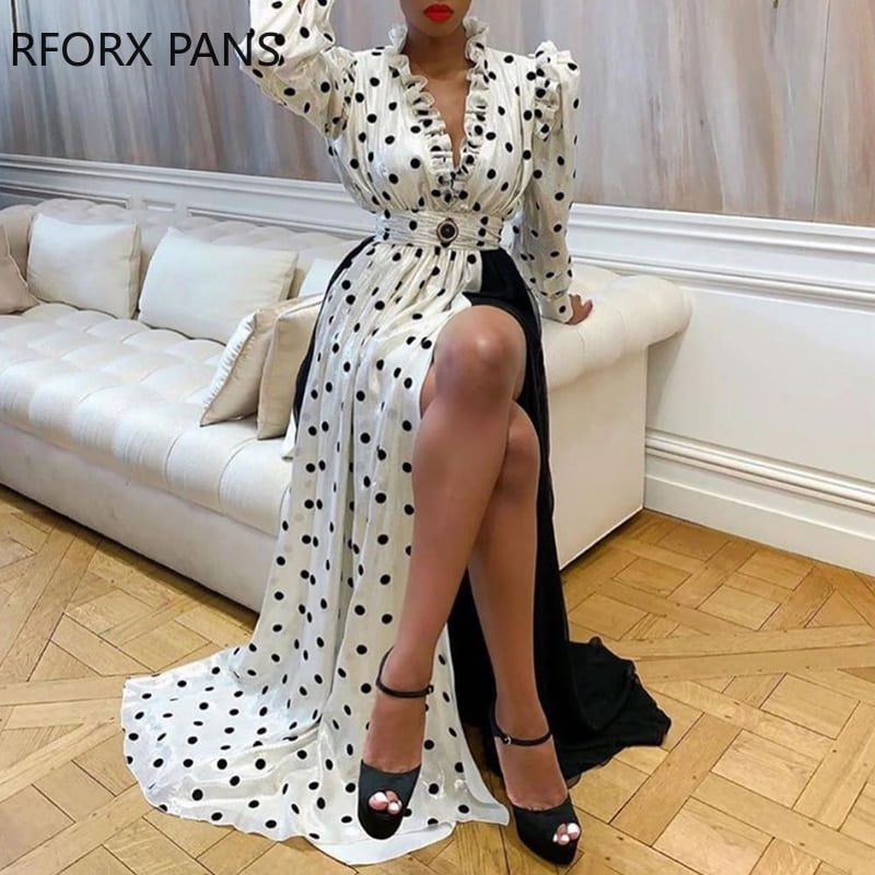 Robe maxi en maille à volants à pois, col en V, manches longues, robe de plage bohème élégante, robes longues décontractées, robe de soirée 1