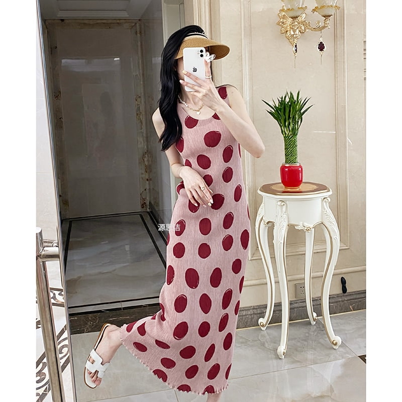 Ata Yake-Robe plissée rétro à pois pour femme, haut long, coupe couvertes, fibre, précieux, vacances, nouveau style, été, 2023 2