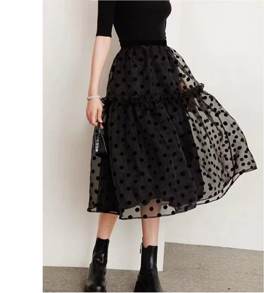 Jupe mi-longue en tulle à pois pour femmes, taille haute élastique, plissée, flocage, organza, blanc, mode, été 2