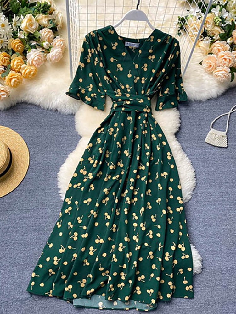 Robe mi-longue à pois pour femmes, Vintage, col en v, manches courtes évasées, Bandage, ligne a, décontractée, nouvelle mode, été 2