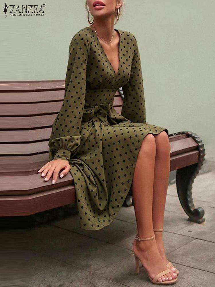 ZANZEA – Robe de soirée mi-longue à pois pour femmes, tenue Chic à manches bouffantes, Sexy, col en V, surdimensionnée, printemps 2023 1