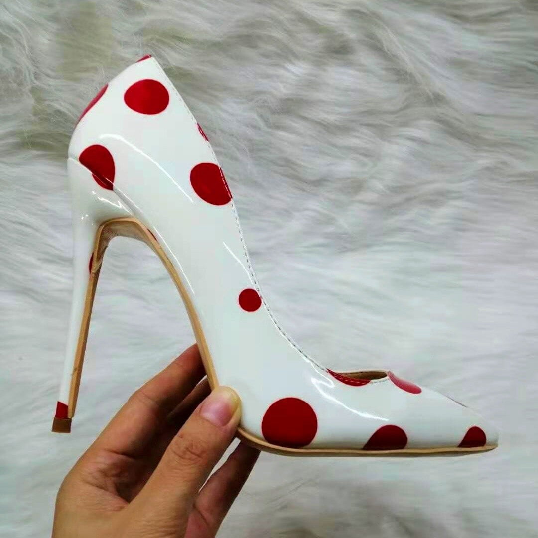 Escarpins rouges à pois pour femmes, chaussures Sexy à talons aiguilles fins, bout pointu, coupe basse, talons hauts, tenue de mariage 2
