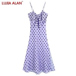 Robe mi-longue imprimée à pois pour femmes, robe à bretelles fendue sur le côté, robe à lacets décontractée, nœud papillon, éducatif, nouveau, été, LUJIA ALAN WD2937 1