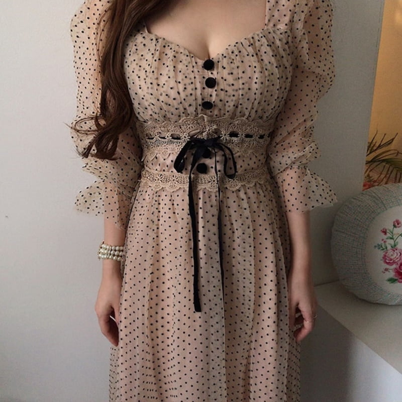 ONALIPPA-Robe Éducative à Manches sulf, Tenue Coréenne Chic, Tempérament Fin, Col Carré, Taille Haute, Garniture en Dentelle, Couture Organza à Pois 2