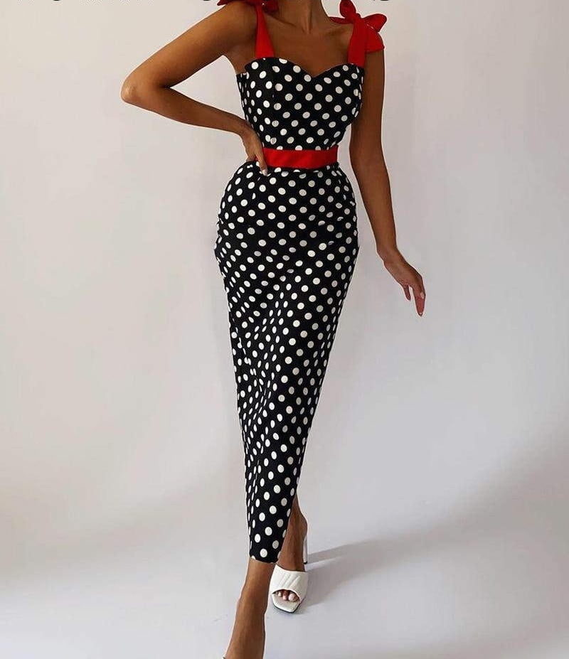 Robe maxi élégante à lacets et à pois pour femme, tenue chic et décontractée de haute qualité, nouvelle collection été 2022 2