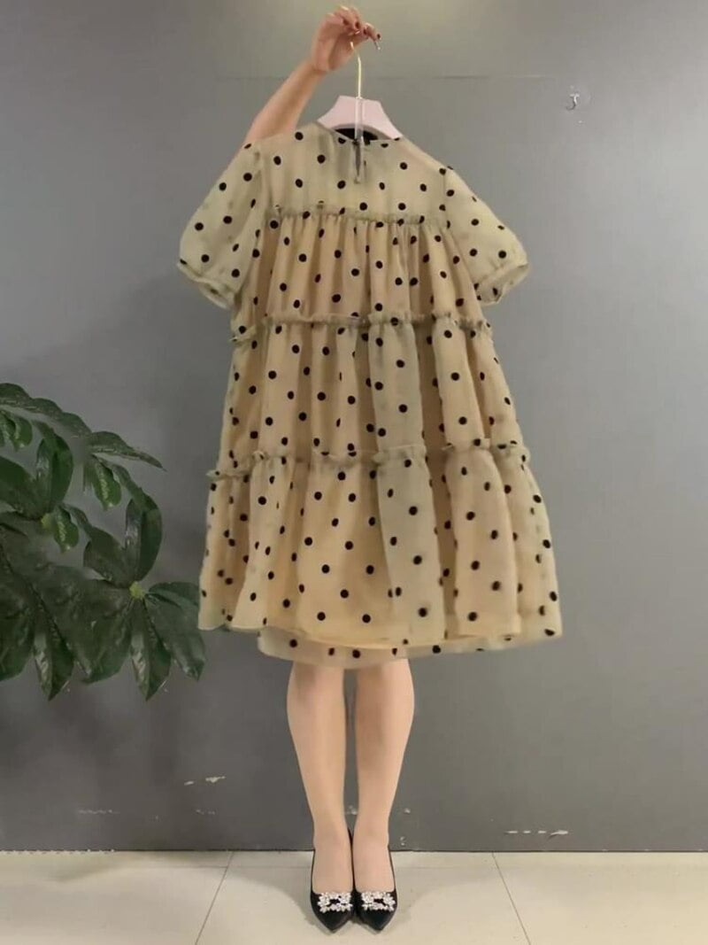 Y2k – Robe élégante à col rond pour Femme, manches courtes, perles, pois, grande taille, ample, été 2