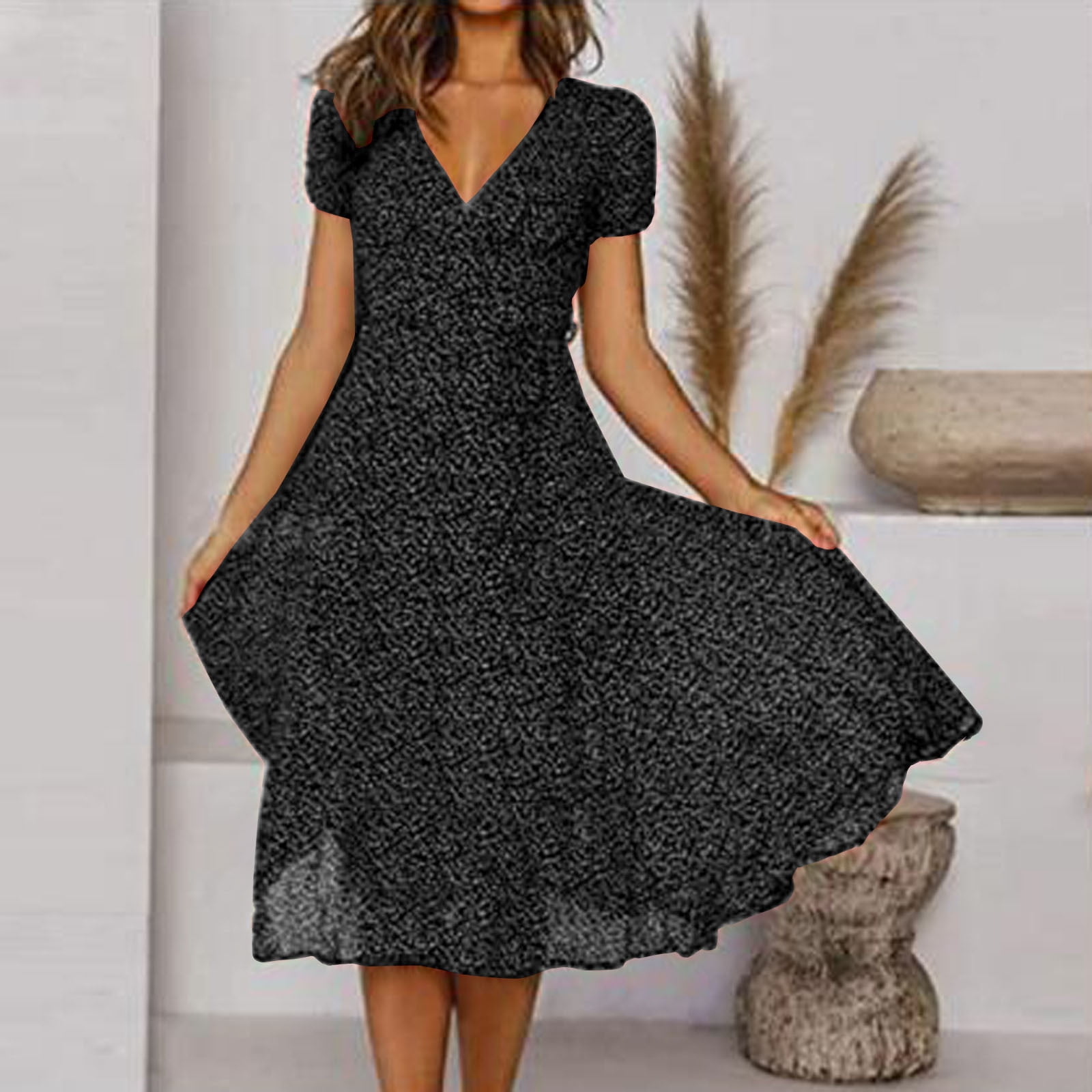 Robe trapèze à pois pour femme, manches courtes, col en V, bandage Boho, vacances, robe de plage, robe d'été mi-longue chic 2
