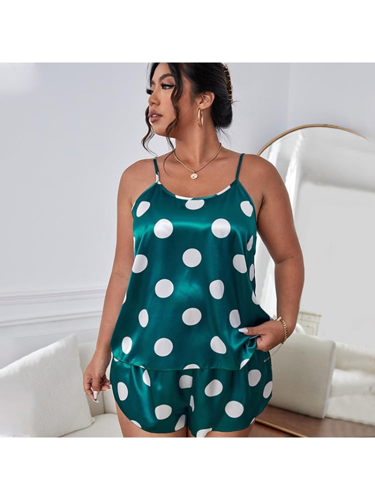 Pyjama mignon à pois pour femmes, vêtements de maison pour filles, grande taille, chemise de nuit à bretelles, ensemble deux pièces sexy 2