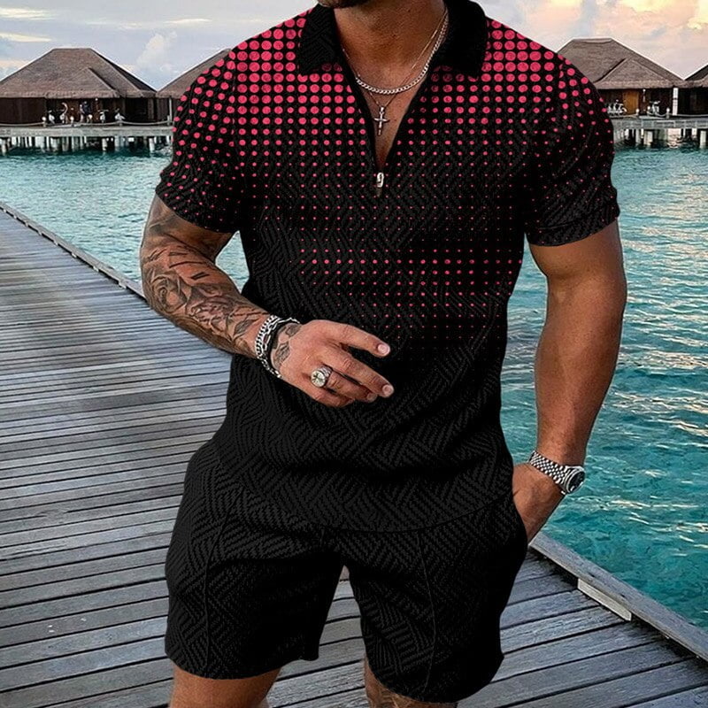 Short à manches courtes imprimé à pois pour hommes, ensembles deux pièces vintage, col polo imbibé, fermeture éclair, sport, loisirs, mode estivale, tendance, 2022 2
