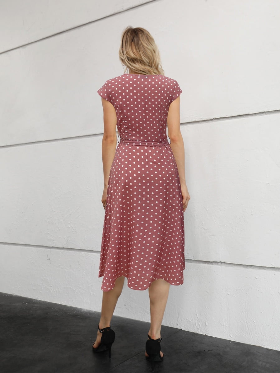 Finjani-Robe mi-longue imprimée à pois pour femmes, robes ceinturées, col en V, ourlet à volants, manches volantes, été, nouveau, 2023 2