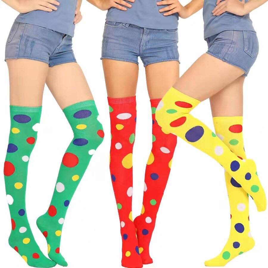 Chaussettes Cosplay Clown pour femmes et filles, longues, amusantes, colorées, irrégulières, à pois, imprimées, au-dessus du genou, cuisses hautes 1