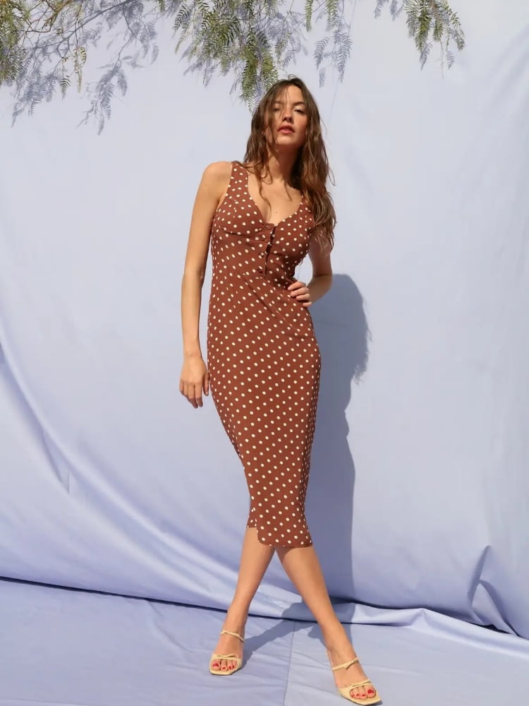 Robe mi-longue décontractée à pois pour femmes, 2022 coton, glaçage fin, fente, printemps, été, 100% 1