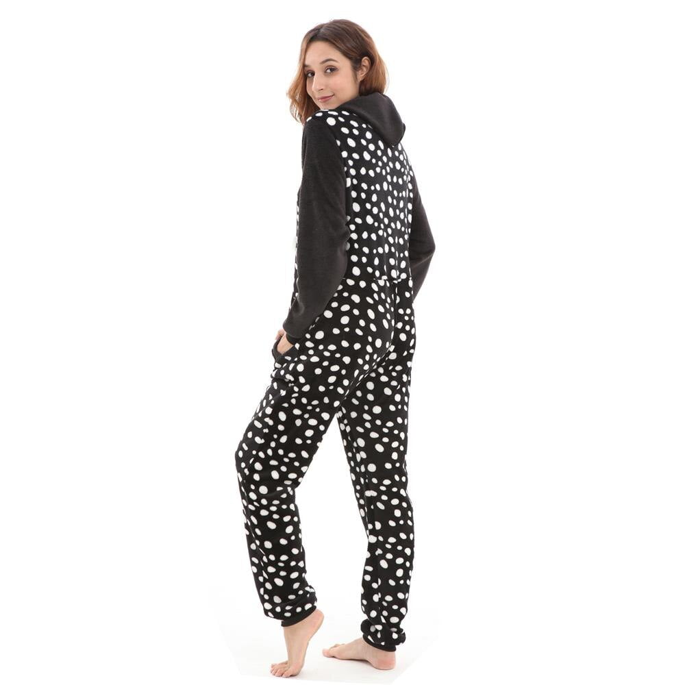 Combinaison pyjama en flanelle pour femmes, imprimé à pois, à capuche, manches longues, barboteuse ample, vêtements de nuit, noir, tenue décontractée, hiver 2
