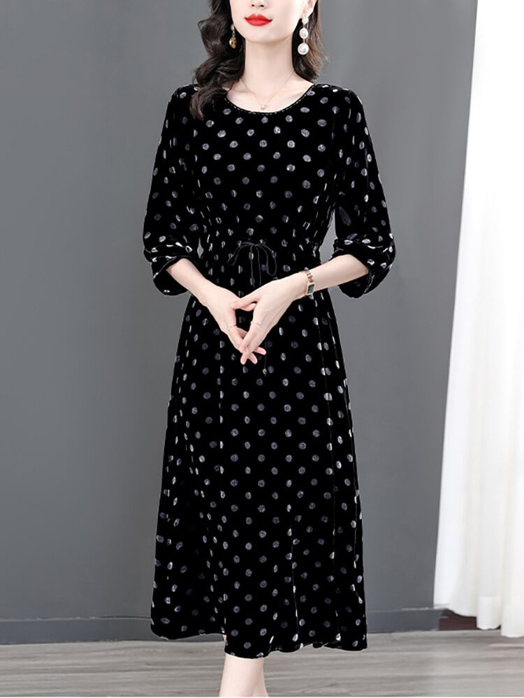 Robe mi-longue en velours à pois noirs pour femmes, manches longues, optique chaude et élégante, vintage coréen, Hepburn, automne, hiver, nouveau, 2023 2
