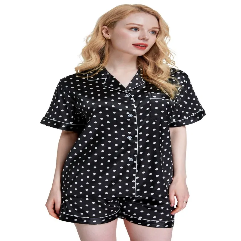 Ensemble de pyjama classique en satin à manches courtes pour femmes, vêtements de nuit pour adultes, XL, noir, pois blancs, expédition rapide 2