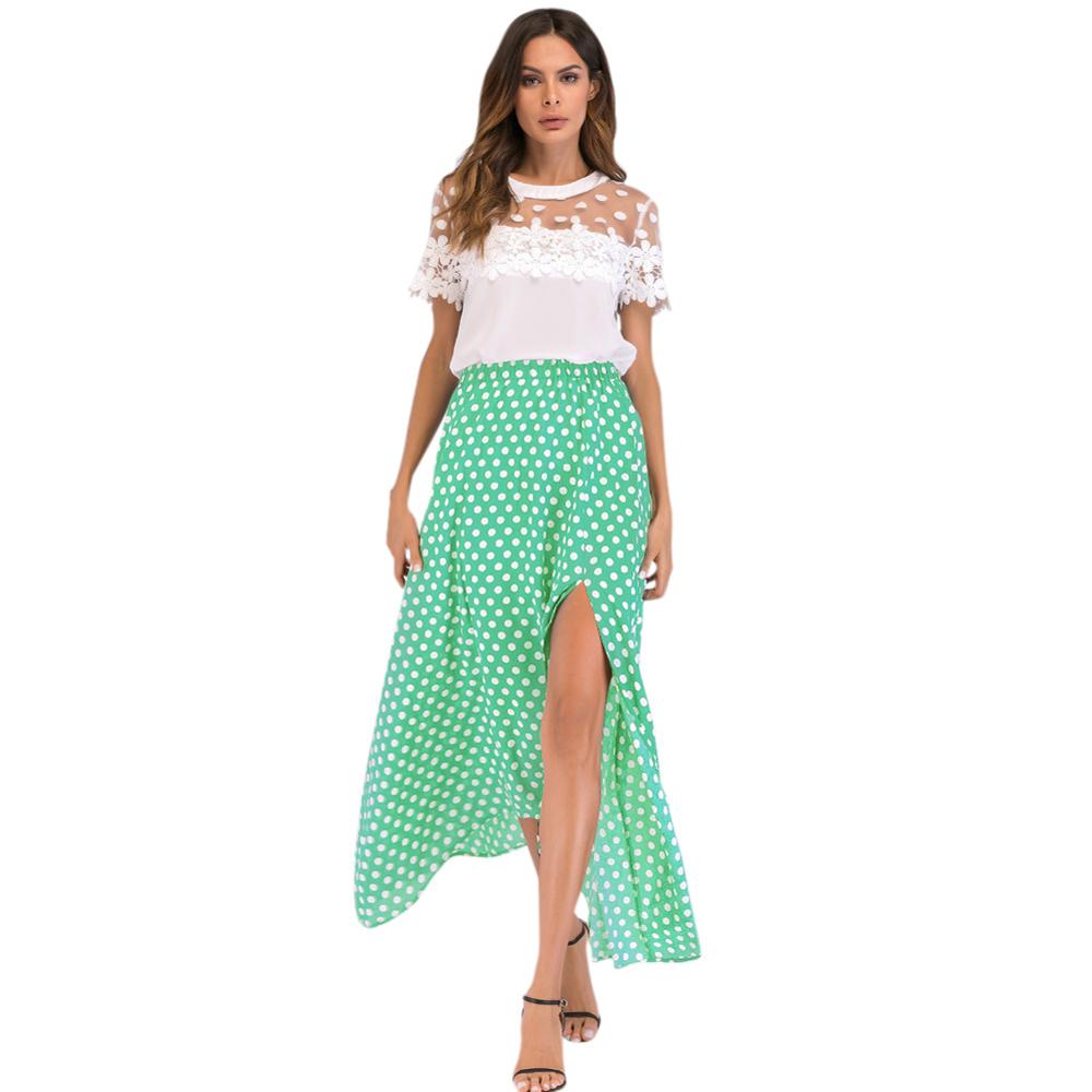Jupe longue à pois pour femmes, Maxi, fendue sur le côté, ourlet asymétrique, rétro, taille haute, bleu, été 2