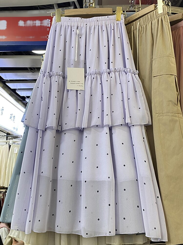 Kortice epo-Jupe mi-longue en mousseline de soie pour femme, tenue de bureau à volants, à pois, à la mode, polyvalente, slim, nouvelle collection été 2023 2