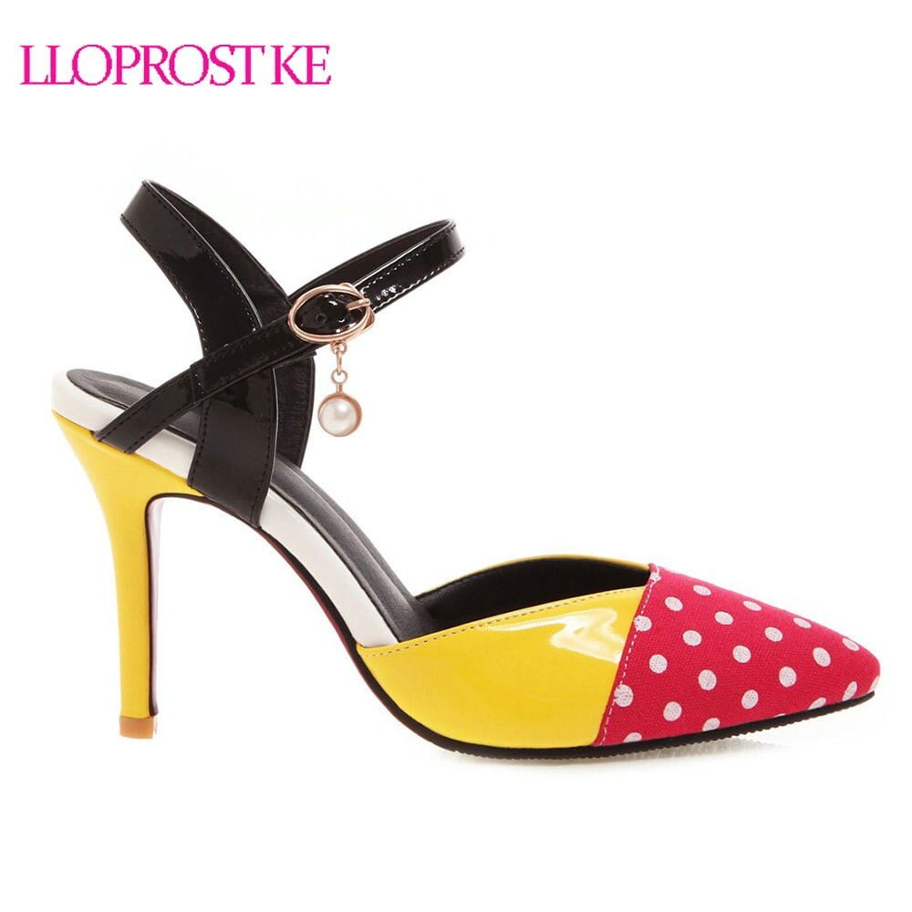 Lloprost ke – sandales fermées à bout pointu pour femmes, chaussures à pois jaunes Stiletto, mode, talons hauts fins, été, 2019 2