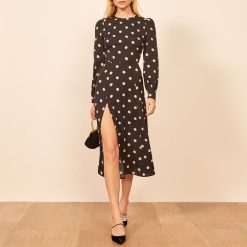Robe à pois mode vetement femme 2021 printemps automne à manches longues fente latérale sexy robe mi longue élégante robe de bureau vintage 1