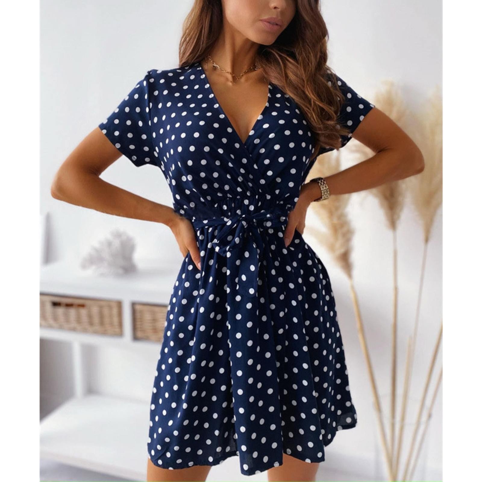 Robe trapèze à lacets à col en V pour femmes, robe mi-longue, imprimé à pois, vintage, sexy, élégante, manches courtes, taille mince, été 2